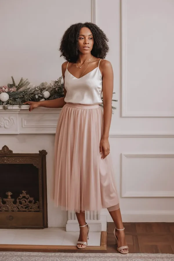 Champagne Silk Cami Blush Tulle Midi Skirt Outfit