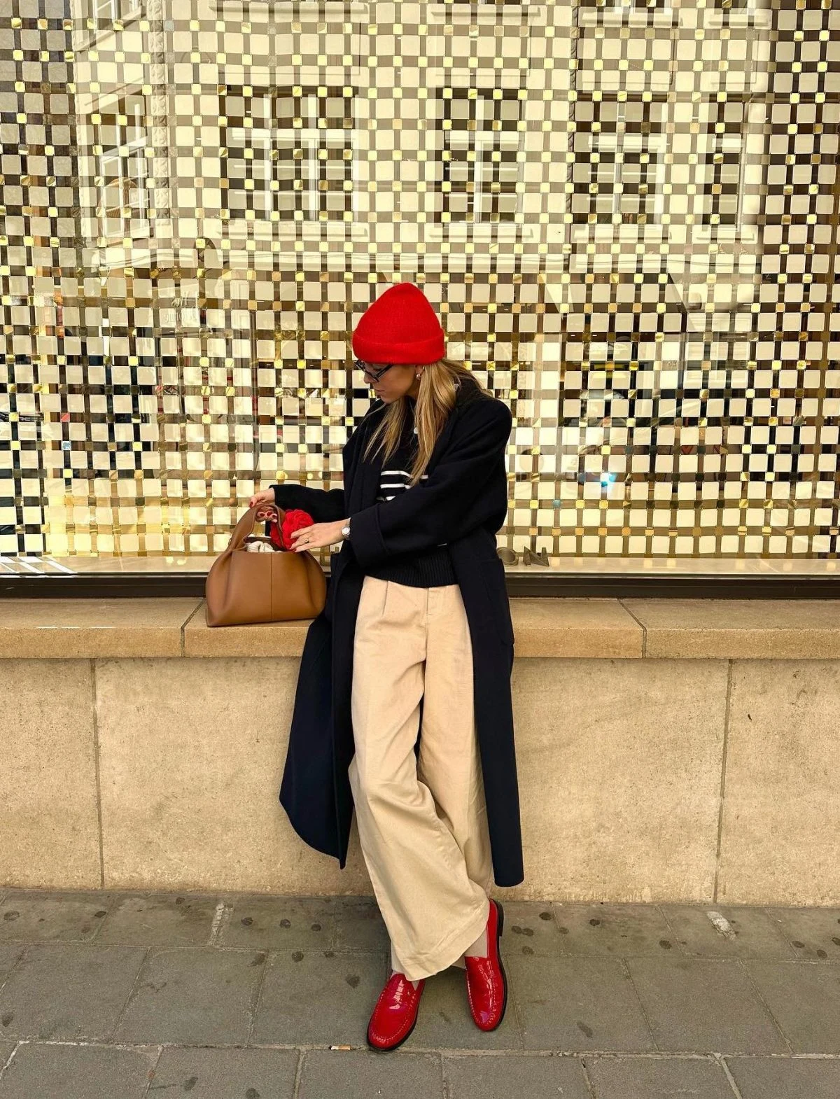 Black Coat Red Loafers Wide-Leg Beige Trousers Outfit