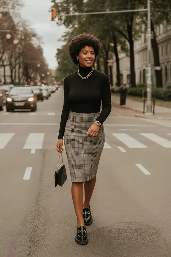 Black Turtleneck Plaid Pencil Skirt Outfit for Work