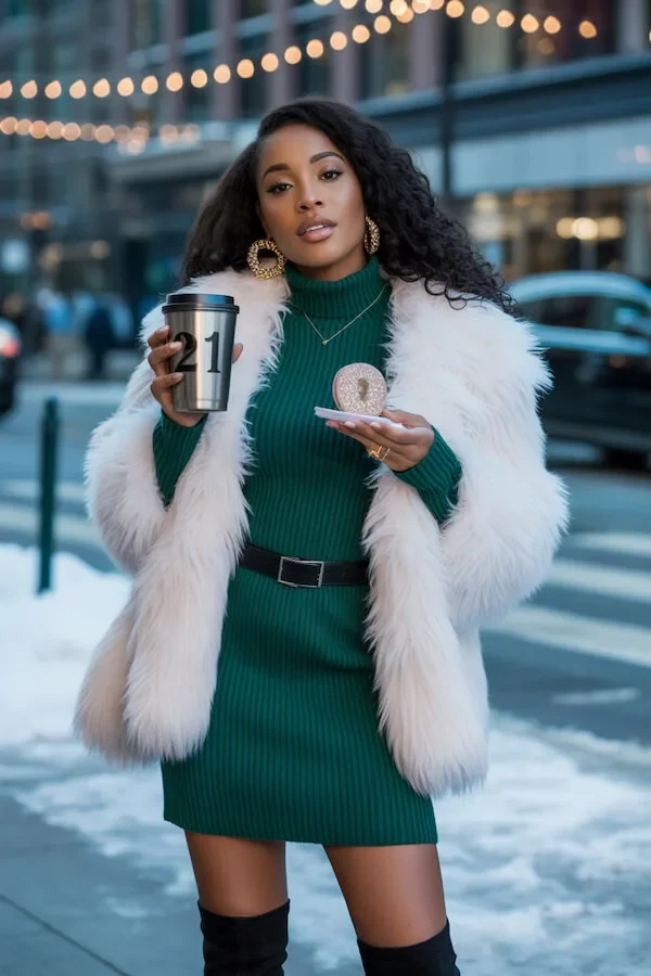 Green Ribbed Knit Dress Outfit with Cream Faux Fur Coat