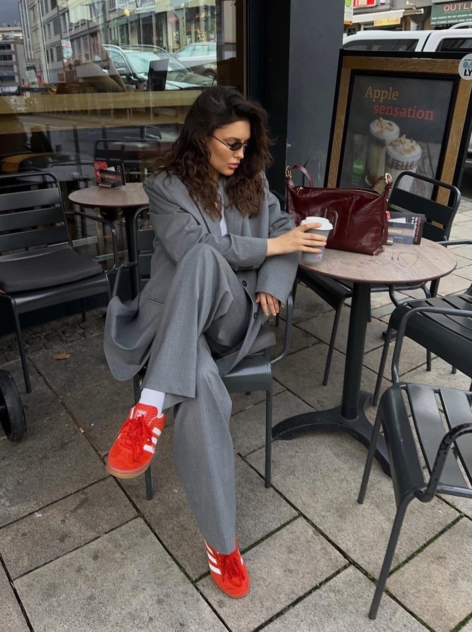 Gray Oversized Blazer Outfit with Red Sneakers