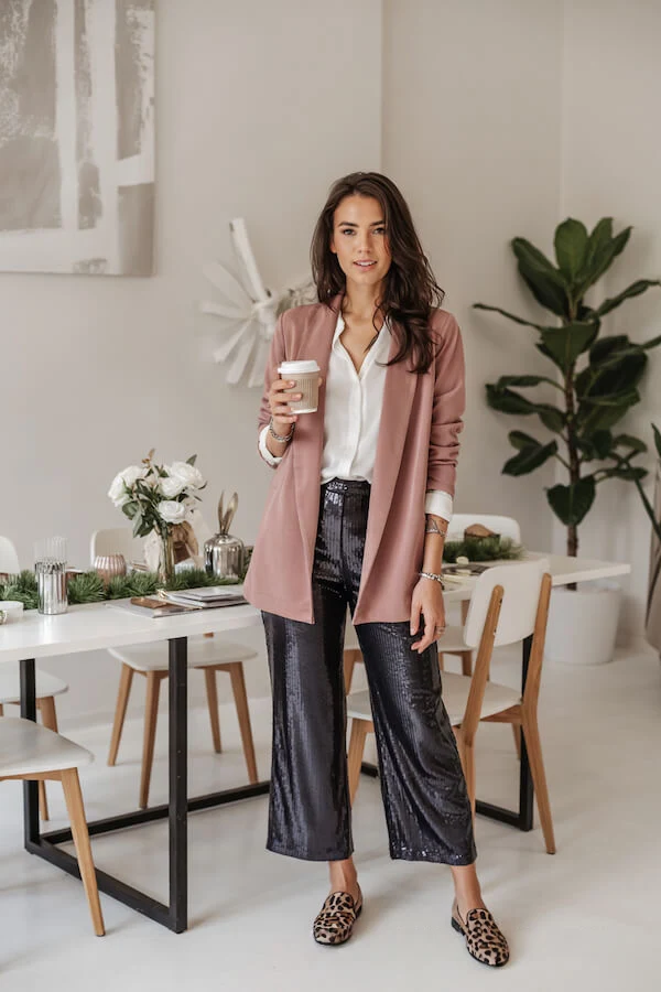 Pink Blazer Sequin Wide-Leg Trousers Outfit