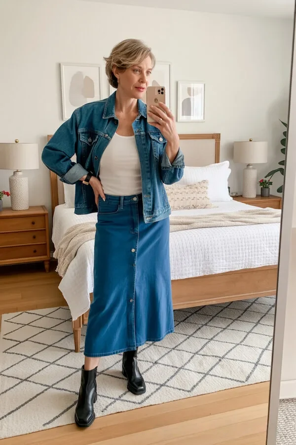 Denim Trucker Jacket with Button-Front Midi Skirt