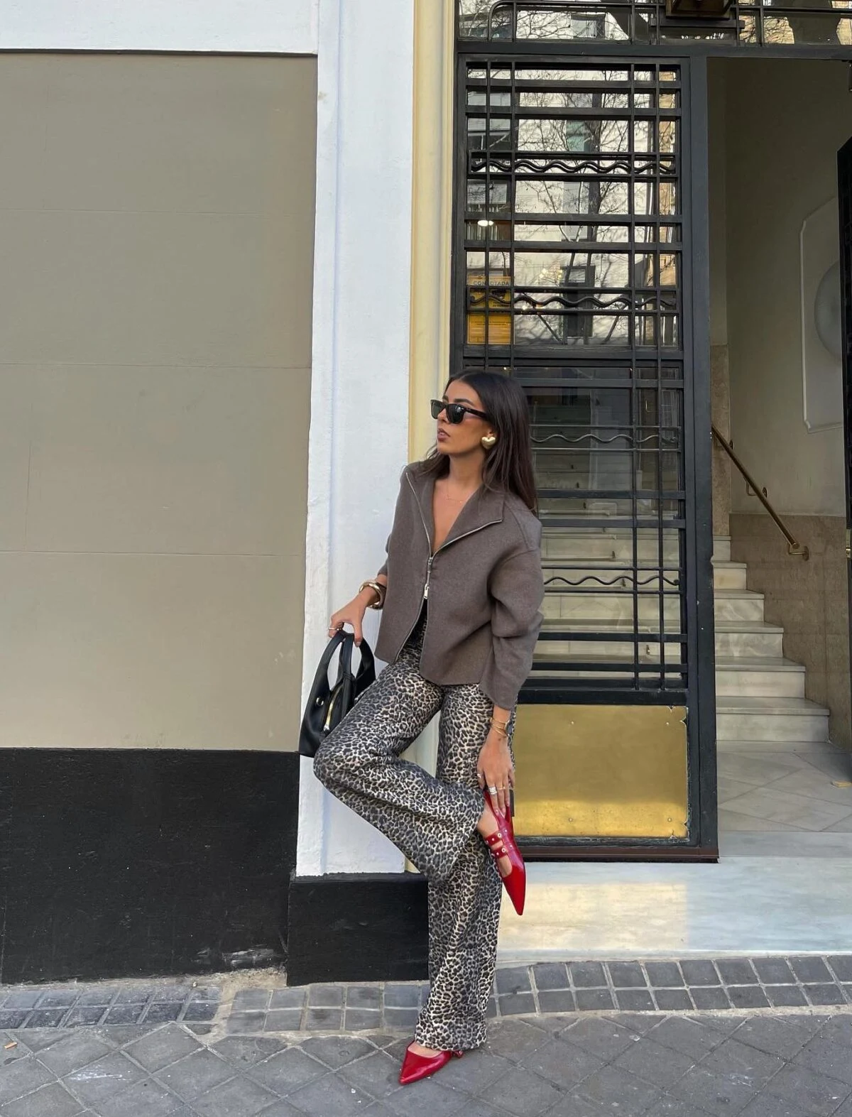 Taupe Moto Jacket Leopard Print Trousers Red Heels Outfit