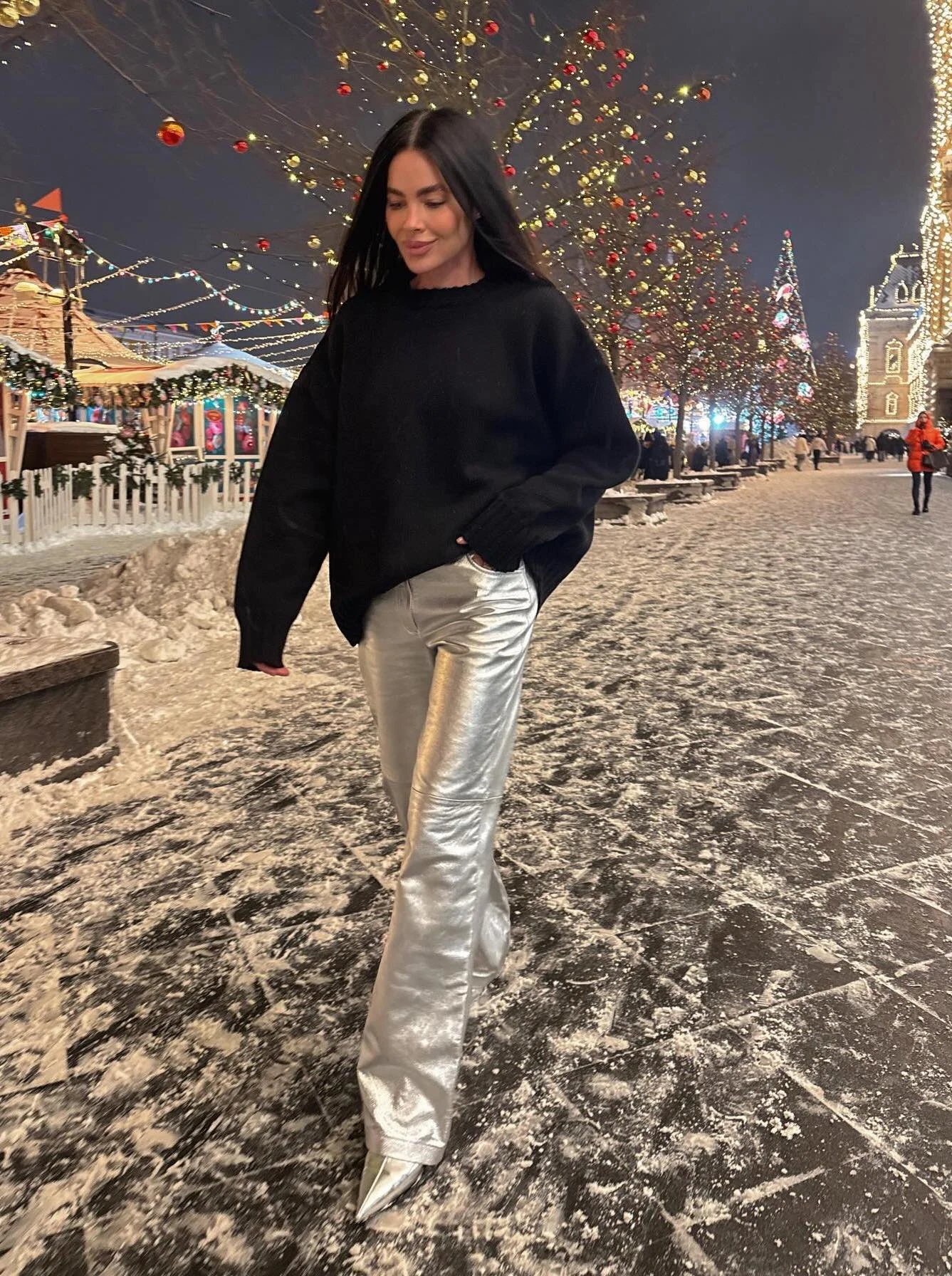 Black Oversized Sweater Silver Metallic Trousers Winter Outfit