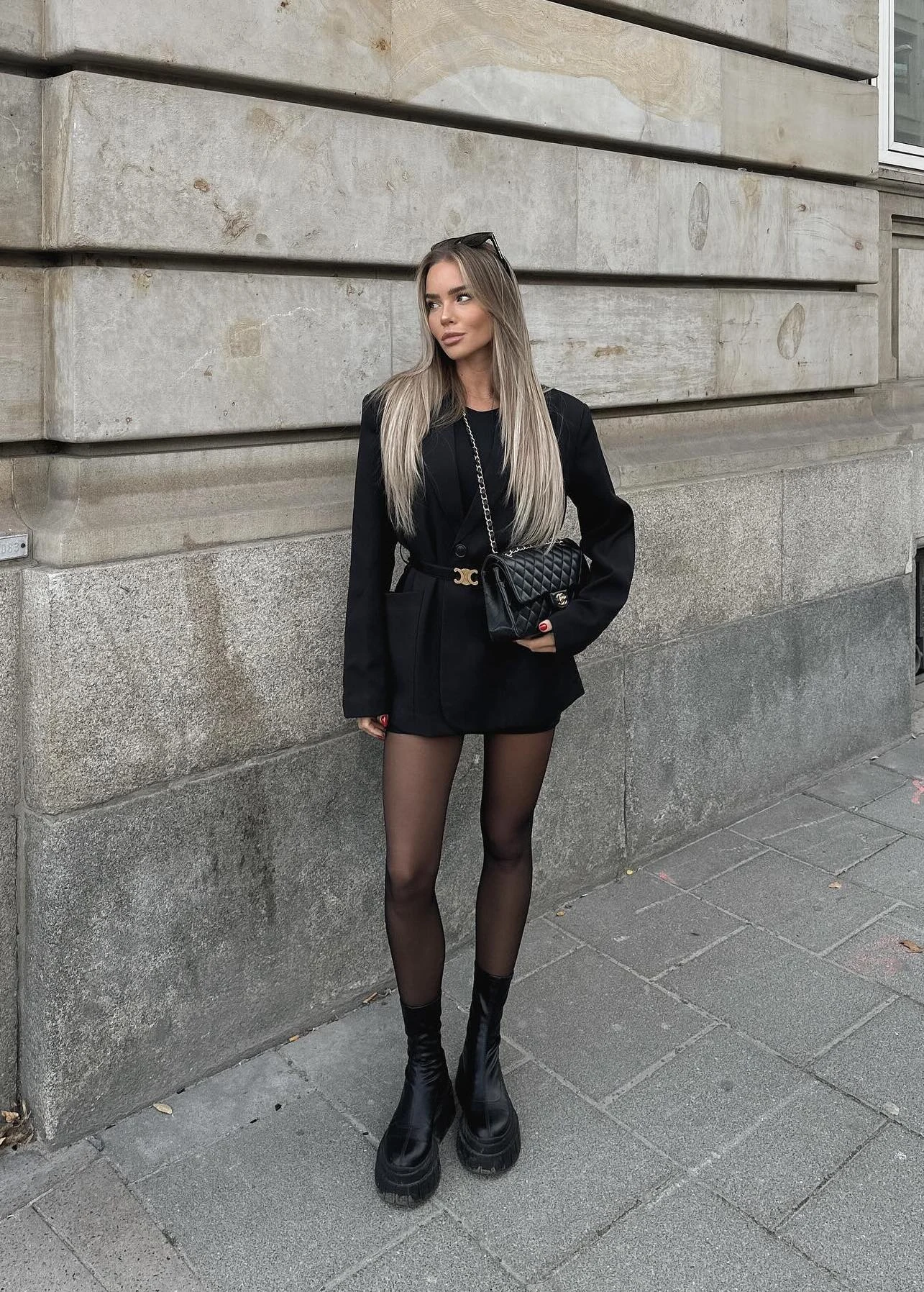 Black Blazer Mini Skirt Outfit with Sheer Tights