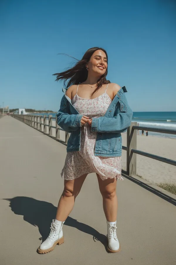 Pink Floral Mini Dress with Denim Jacket and White Lace-Up Boots