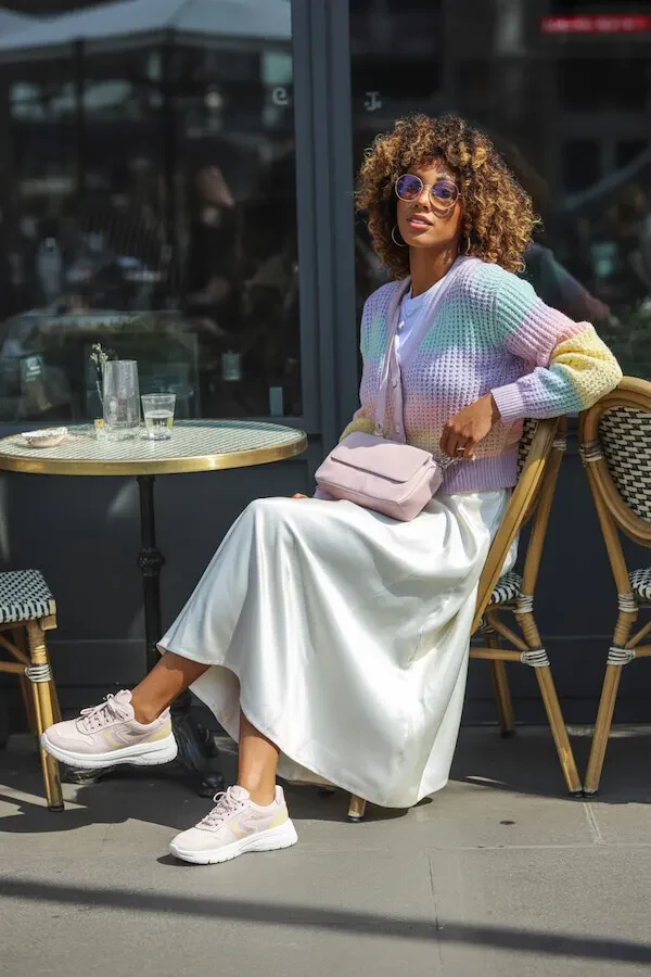 Pastel Ombré Cardigan White Midi Skirt Outfit