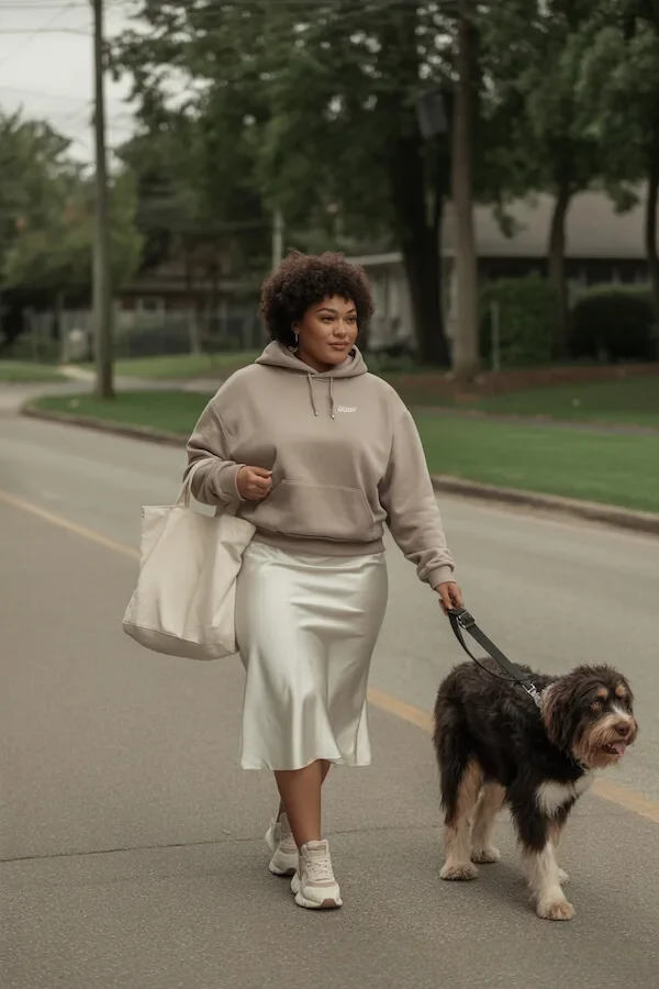 Beige Hoodie Cream Silk Skirt Chunky Sneakers Outfit