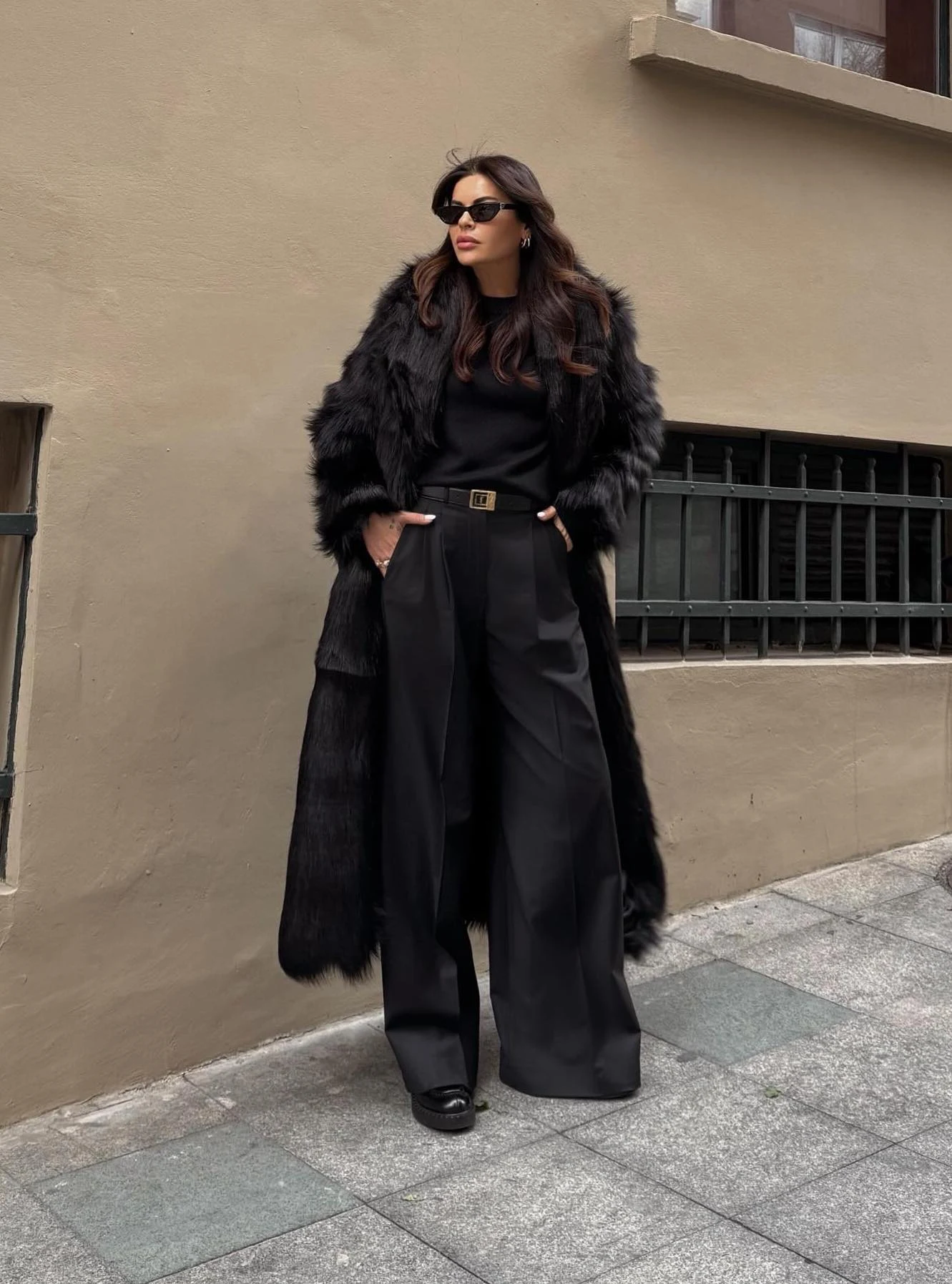 Black Faux Fur Coat Outfit with Wide-Leg Trousers