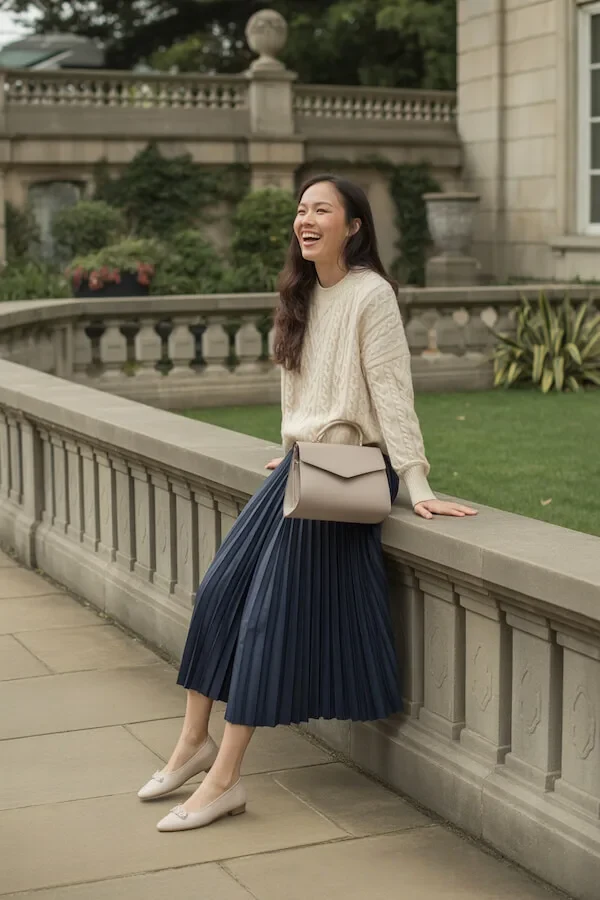 Cream Cable Knit Sweater Navy Pleated Midi Skirt Outfit