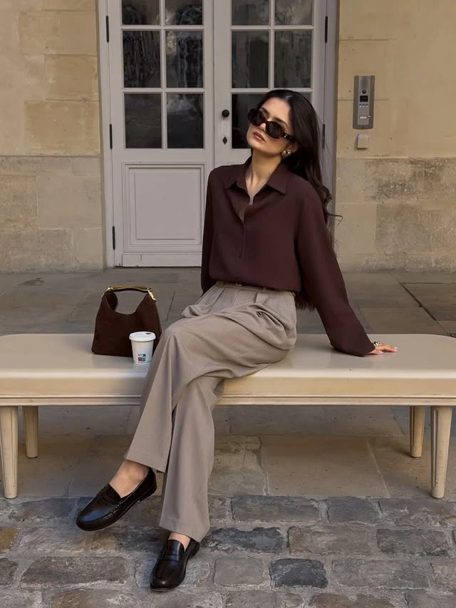 Chocolate Brown Shirt Outfit with Taupe Wide-Leg Trousers