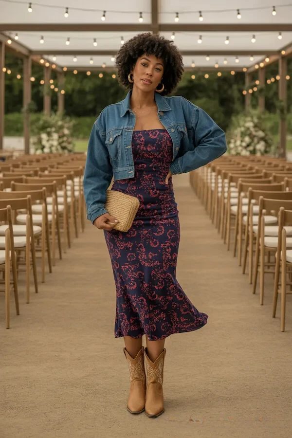 Navy Floral Midi Dress with Denim Jacket and Cowboy Boots