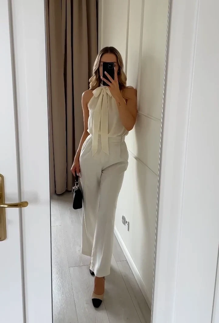 Cream Halter Top Outfit with Tailored Trousers