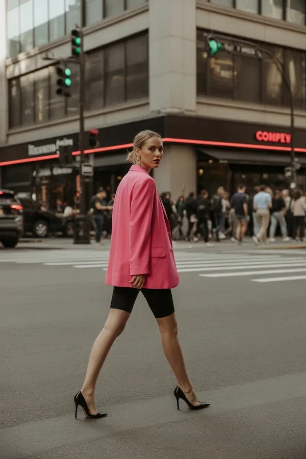 Hot Pink Oversized Blazer with Black Cycling Shorts and Heels
