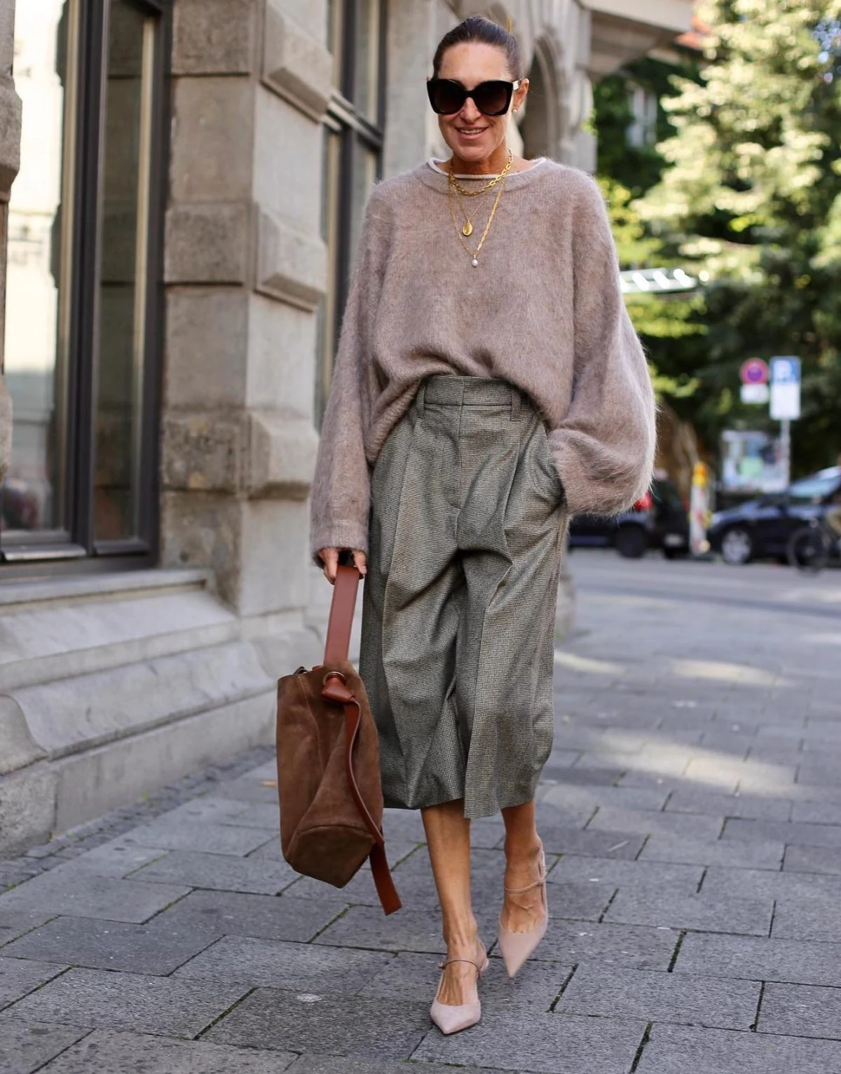 Oversized Beige Sweater Grey Check Trousers Outfit