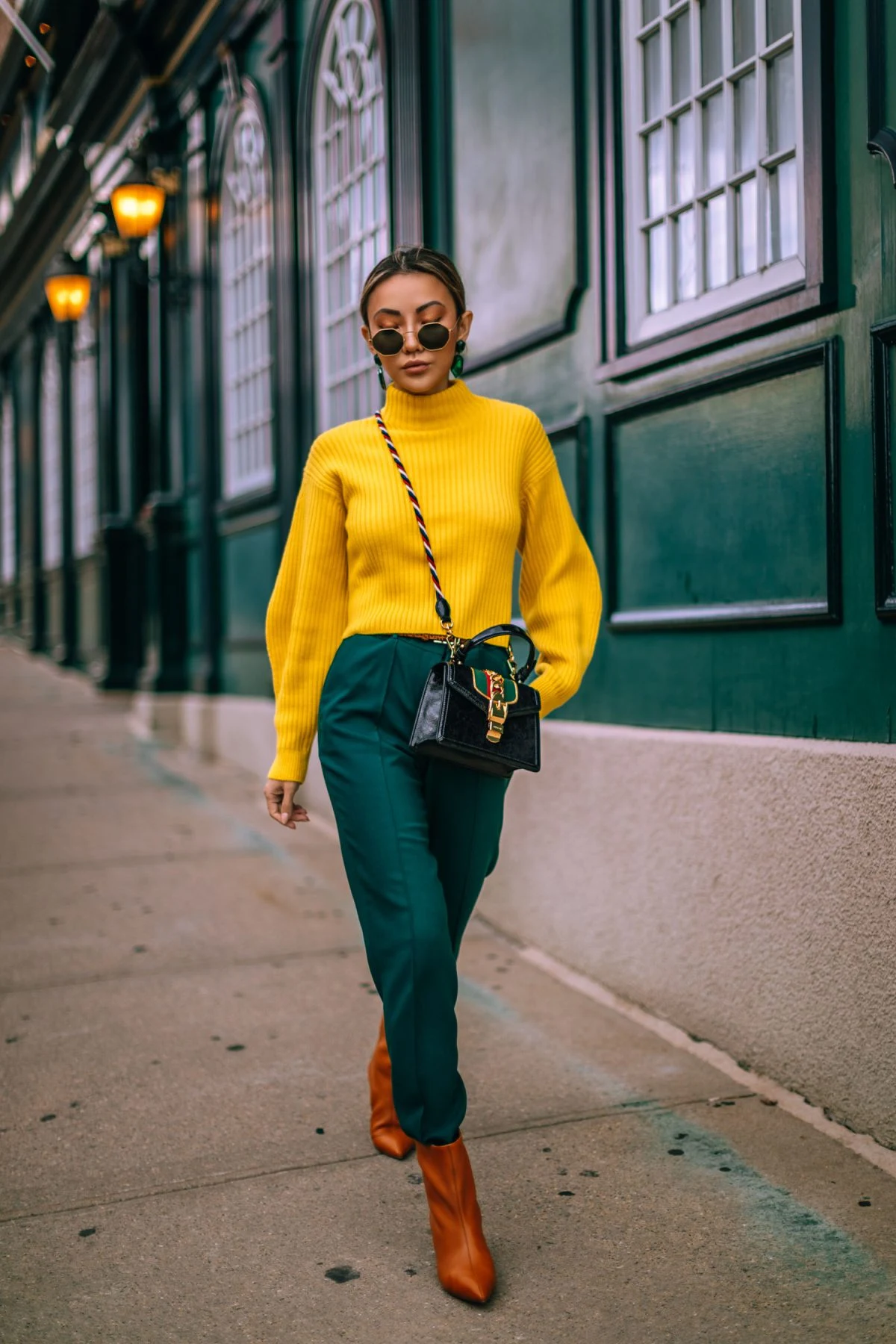 Yellow Turtleneck Sweater Outfit with Teal Trousers