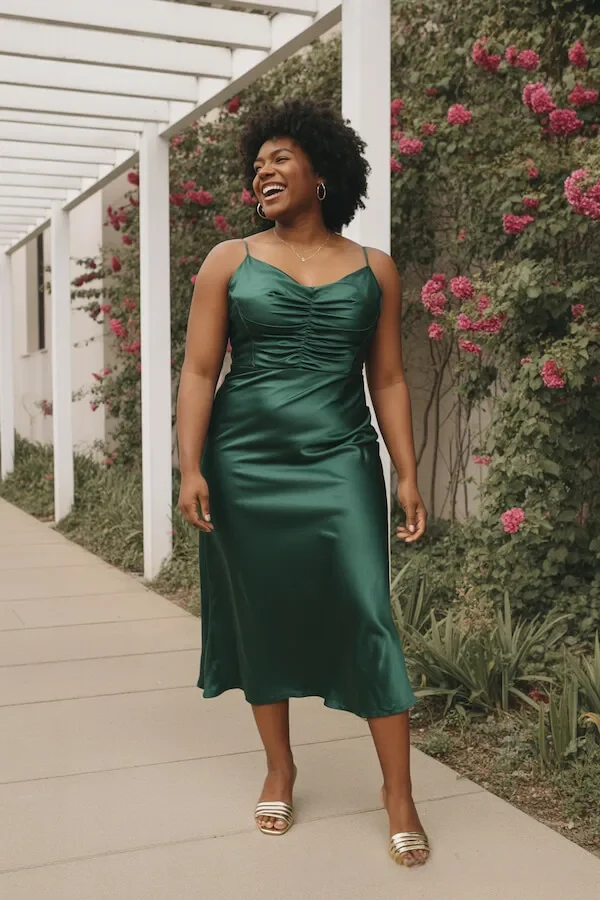 Emerald Green Satin Slip Dress with Ruched Bodice