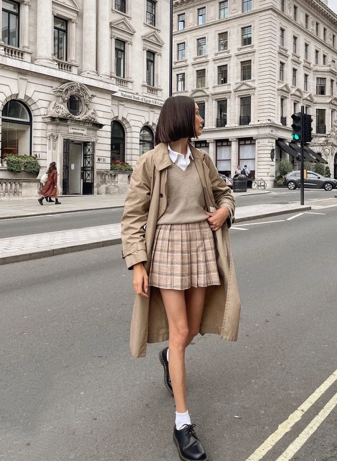 Beige Trench Coat Plaid Mini Skirt Outfit