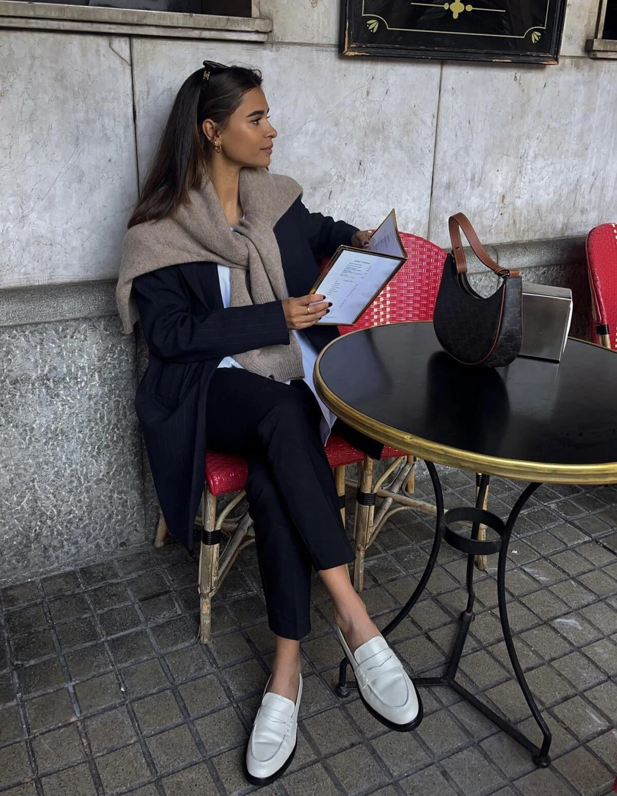 Black Trousers Taupe Scarf White Loafers Outfit