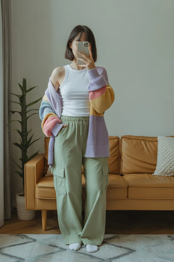 White Tank Top Pastel Striped Cardigan Sage Green Cargo Trousers