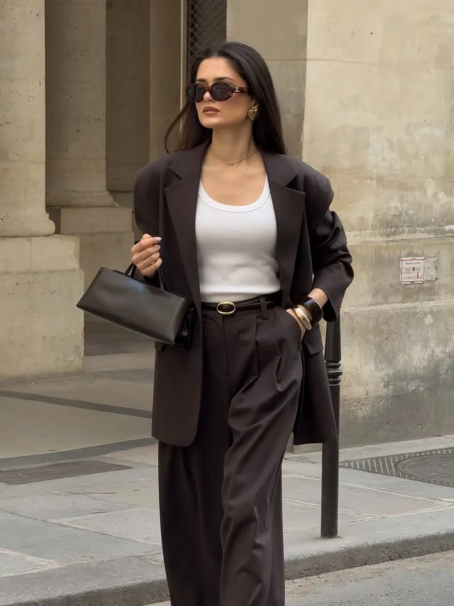 Chocolate Brown Blazer Wide-Leg Trousers White Tank Outfit