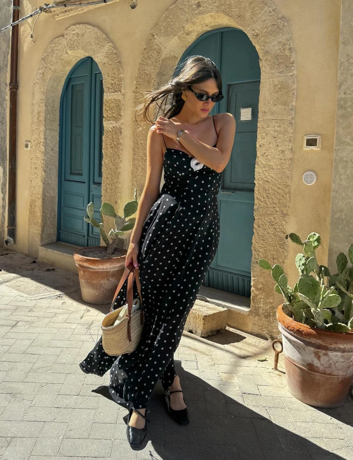 Black Polka Dot Maxi Dress Outfit with Straw Bag