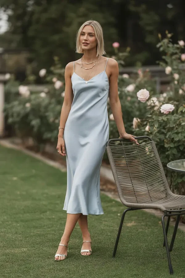 Powder Blue Silk Slip Dress with Gold Chain Necklace