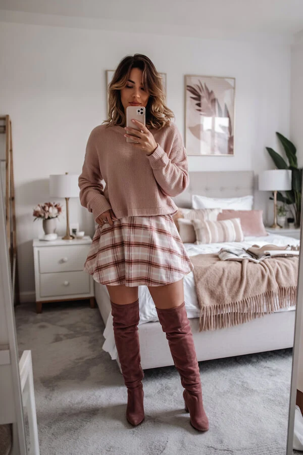 Pink Sweater Plaid Skirt Outfit with Knee High Boots