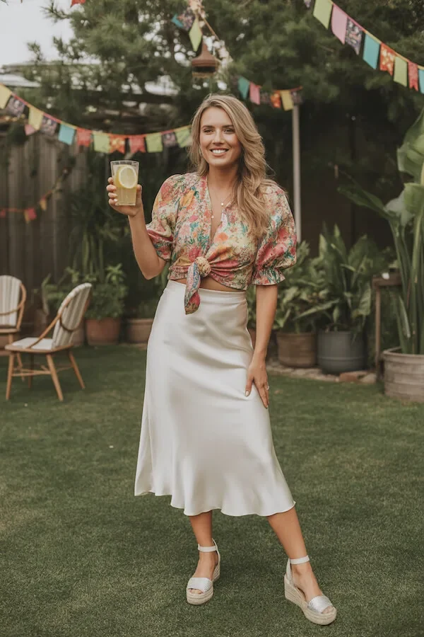 Floral Tie-Front Blouse and Ivory Slip Skirt Summer Outfit