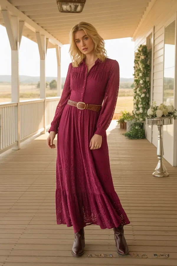 Burgundy Embroidered Maxi Shirt Dress with Western Belt and Boots