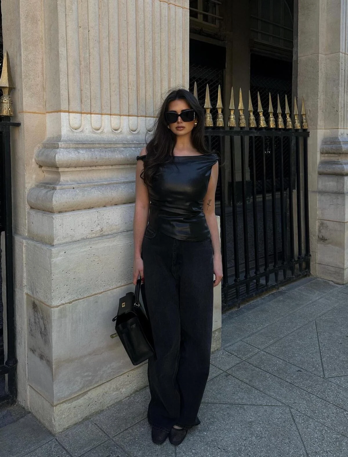 Black Satin Draped Top Outfit with Wide-Leg Trousers