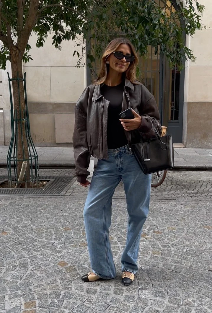 Brown Aviator Jacket Outfit with Wide-Leg Jeans
