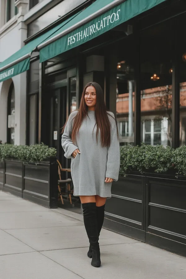 Gray Sweater Dress Outfit with Over-the-Knee Boots