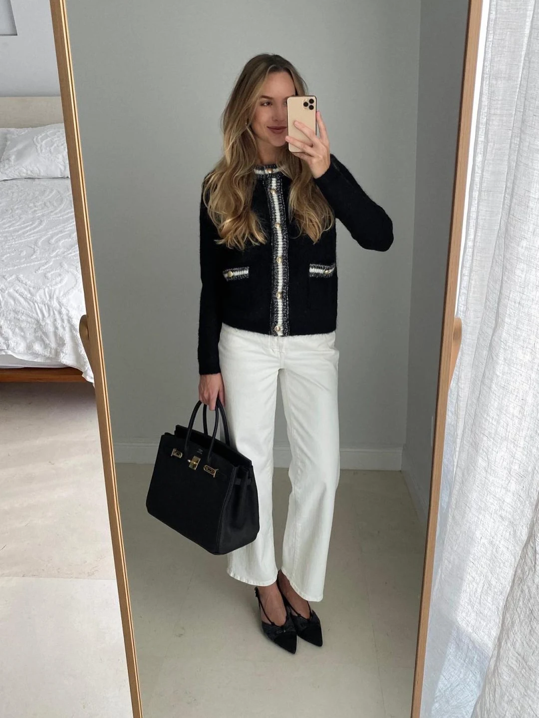 Black Cardigan White Trousers Outfit with Tweed Trim