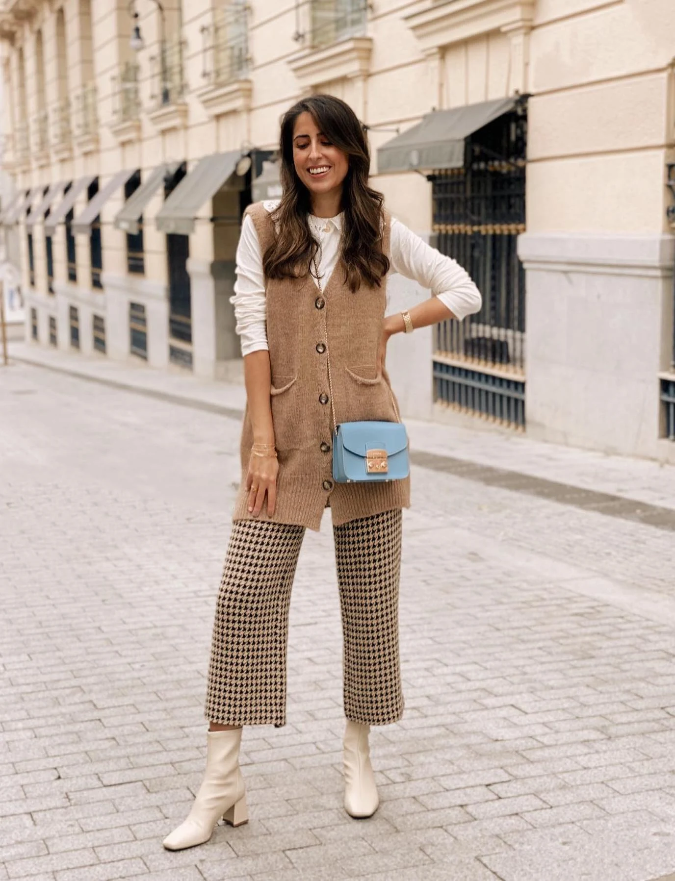 Camel Knit Vest Outfit with Houndstooth Trousers