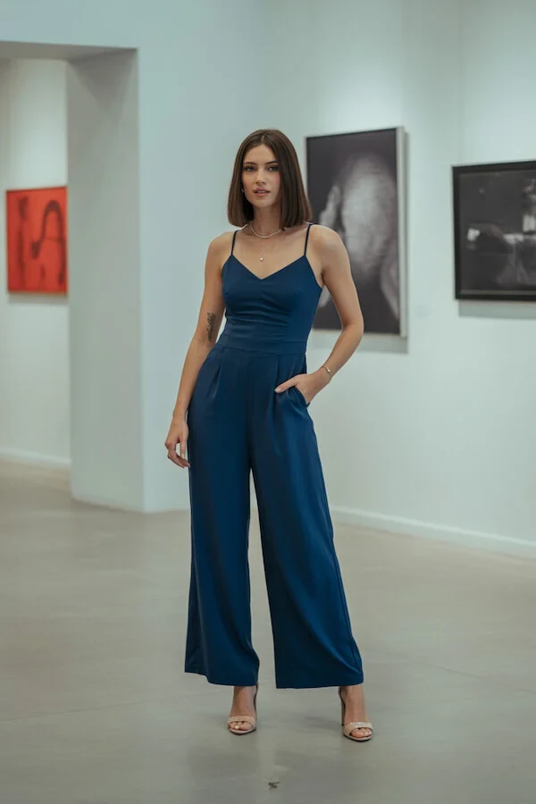 Navy Blue Cami Jumpsuit Outfit with Wide Leg Trousers