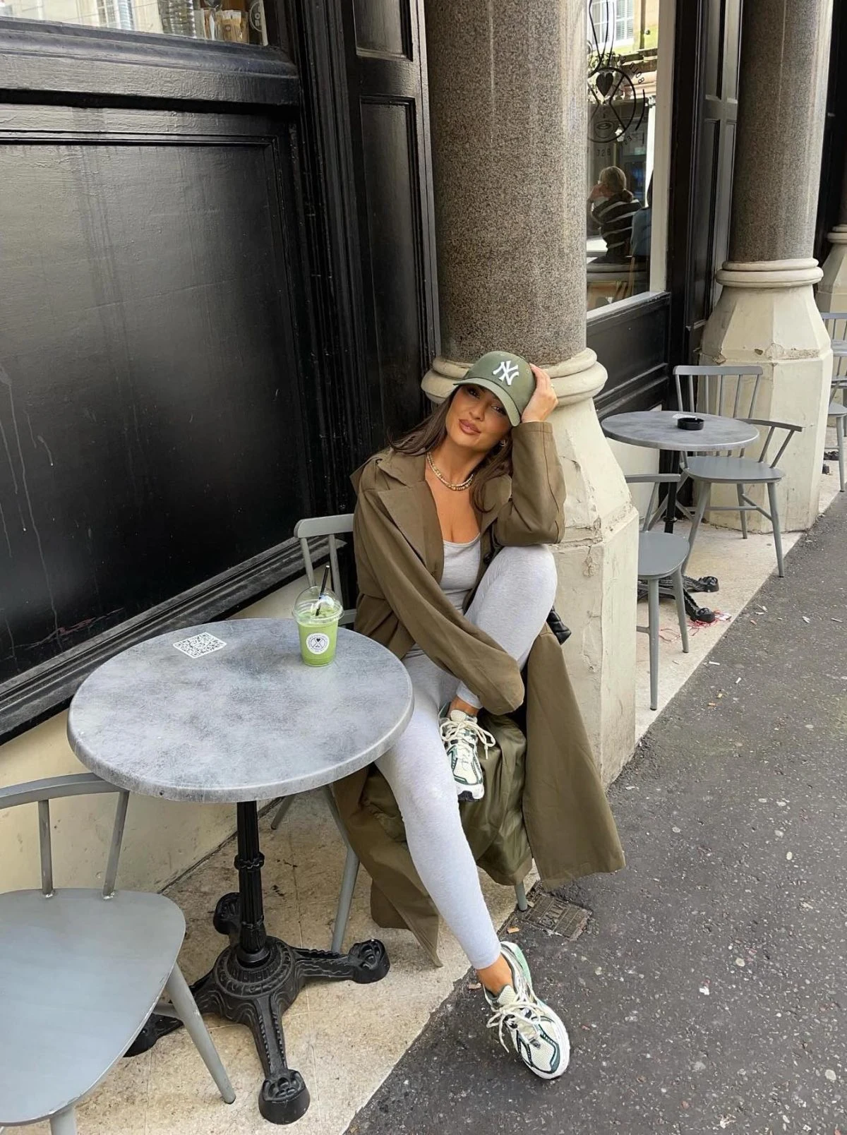 Olive Trench Coat Outfit with Leggings and Sneakers