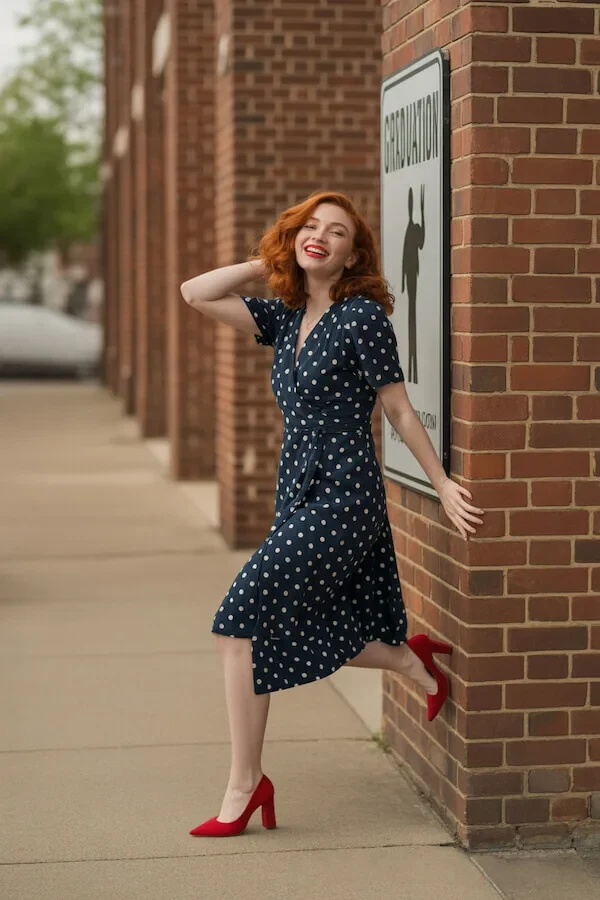 Navy Polka Dot Wrap Dress with Red Heels Vintage-Inspired Outfit