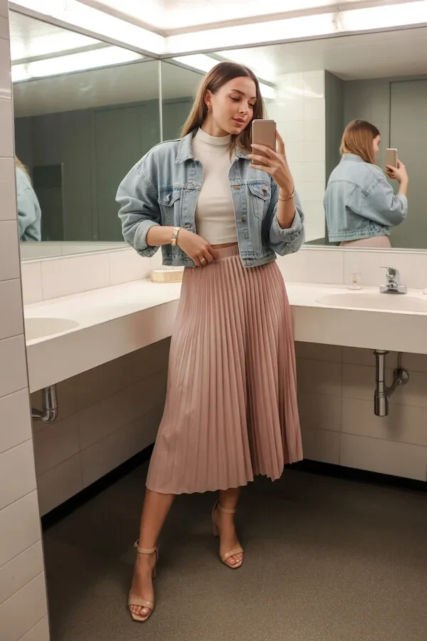 Light Denim Jacket Cream Turtleneck Dusty Pink Pleated Midi Skirt Outfit