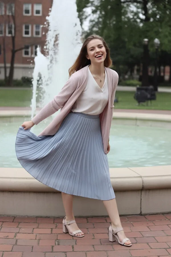 Blue Pleated Midi Skirt with Blush Cardigan and Cream Camisole