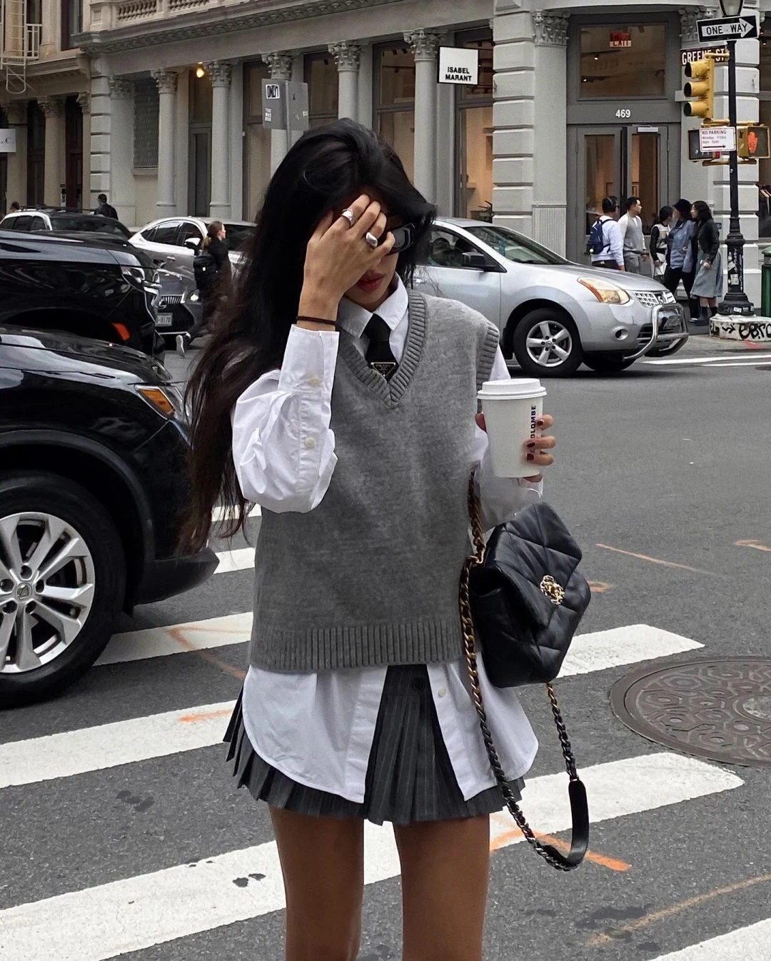 Grey Sweater Vest White Shirt Black Pleated Skirt Outfit
