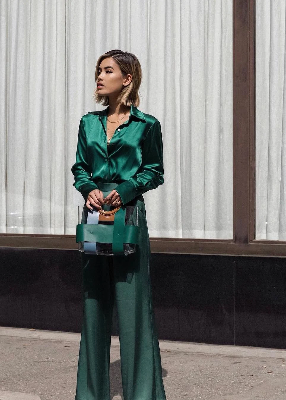 Emerald Green Satin Shirt Wide-Leg Trouser Outfit