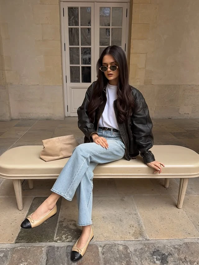 Black Leather Bomber Jacket Outfit with Straight Leg Jeans