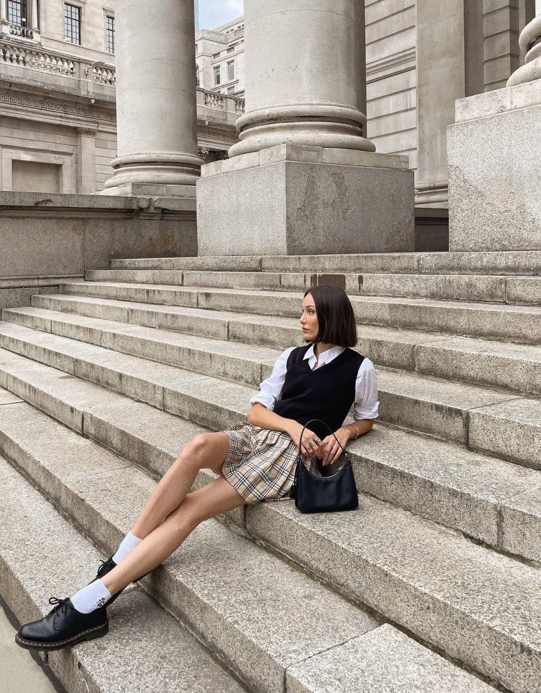 Black Knit Vest Plaid Mini Skirt Preppy Outfit