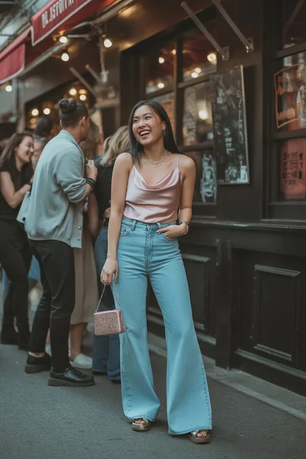 Pink Silk Cowl Neck Cami with Light Blue Wide-Leg Jeans