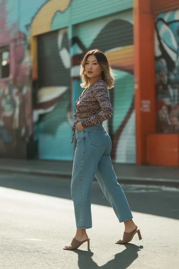 Floral Wrap Top with High-Waisted Straight Jeans