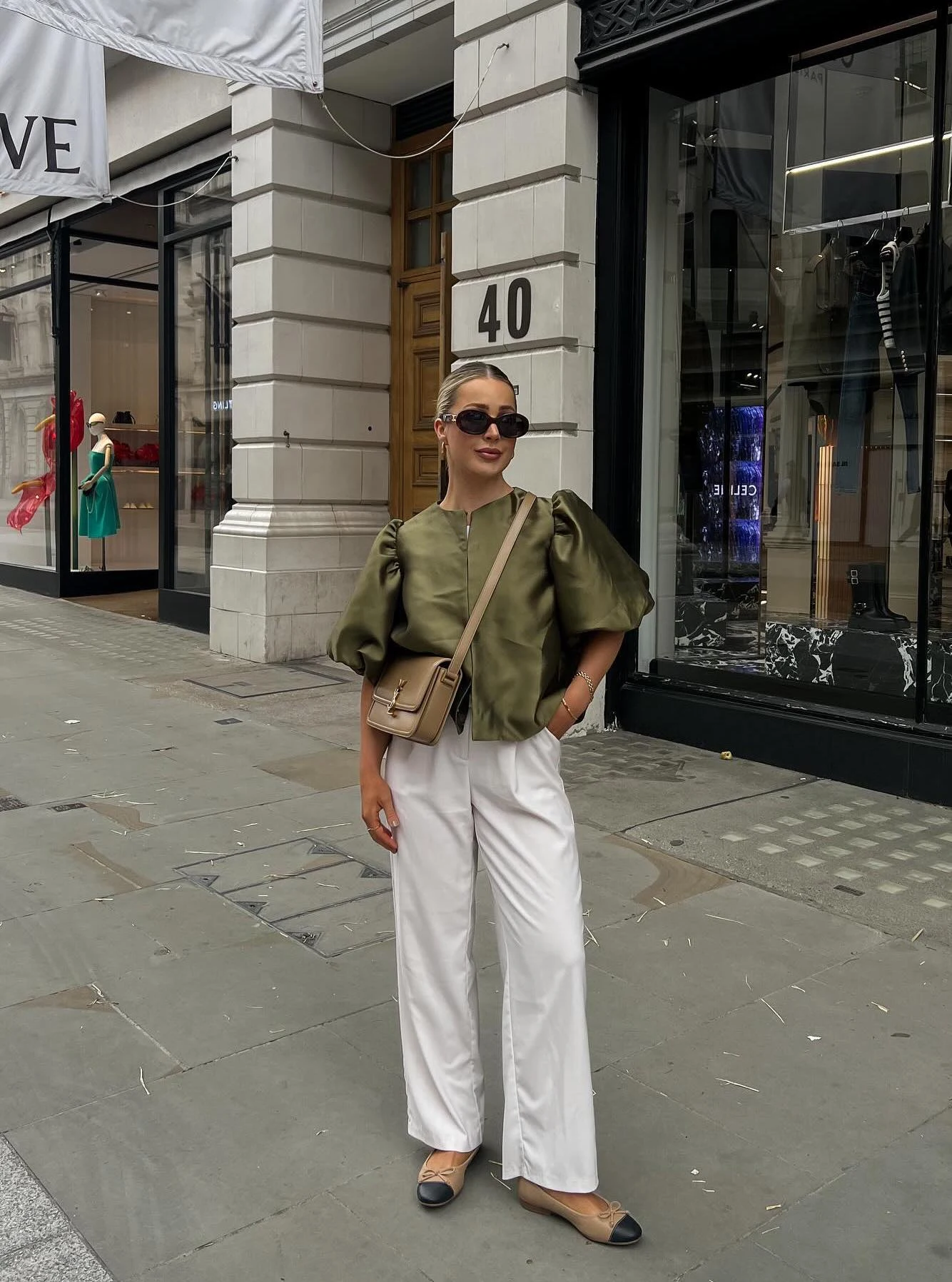 Olive Green Puff Sleeve Blouse with White Wide-Leg Trousers