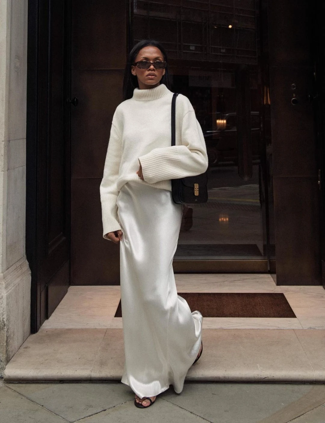 Cream Oversized Turtleneck Sweater with Silk Maxi Skirt