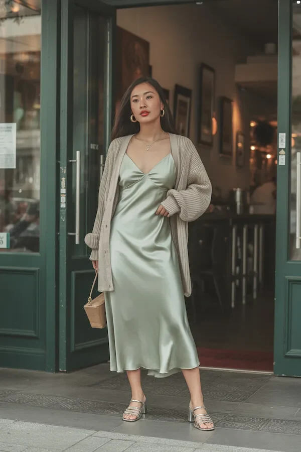 Sage Green Silk Slip Dress with Oversized Ribbed Cardigan